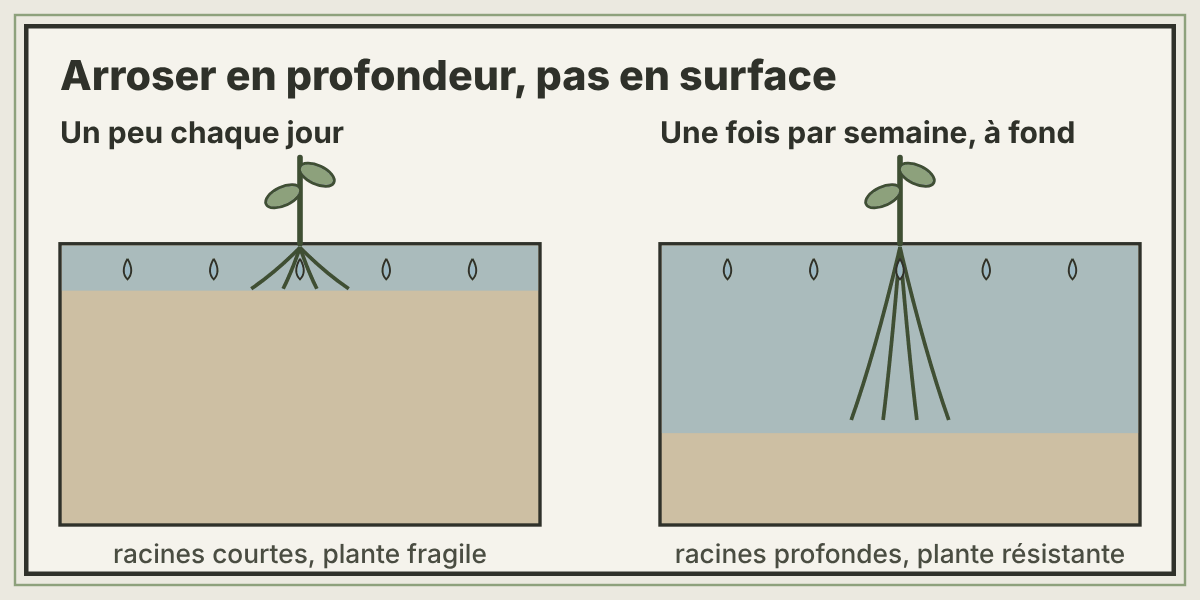 Schéma comparant l'arrosage léger quotidien et l'arrosage profond hebdomadaire