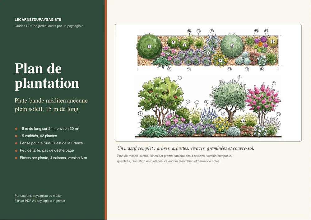 Couverture du plan de plantation d'une plate-bande méditerranéenne de 15 m, avec vue de dessus et élévation