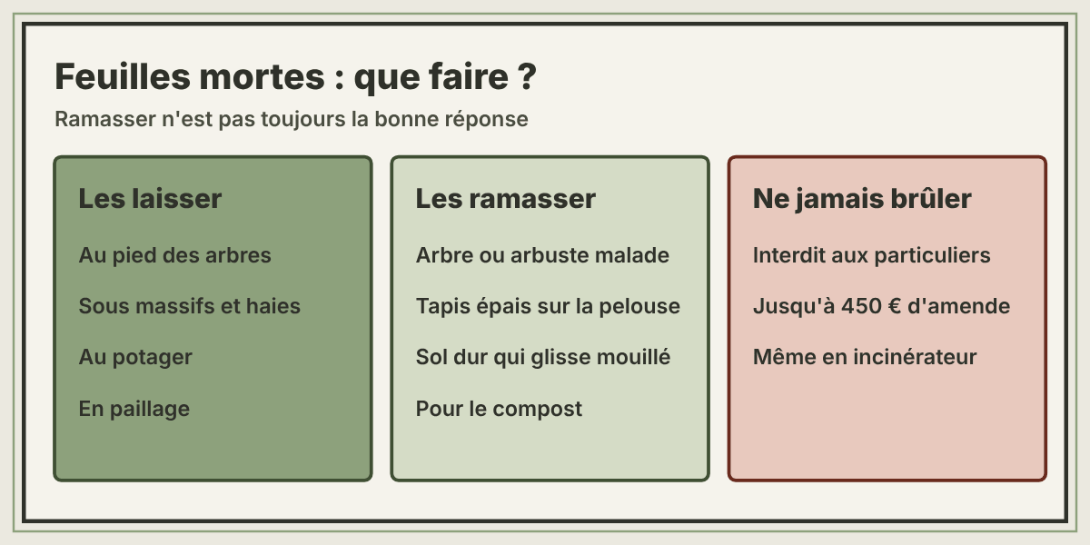 Feuilles mortes : les laisser au pied des arbres, sous les massifs, au potager ou en paillage ; les ramasser si l'arbre est malade, sur un tapis épais de pelouse, sur un sol dur ou pour le compost ; ne jamais les brûler