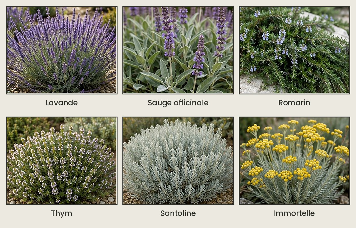 Plantes d'un massif méditerranéen : lavande, sauge, romarin, thym, santoline et immortelle