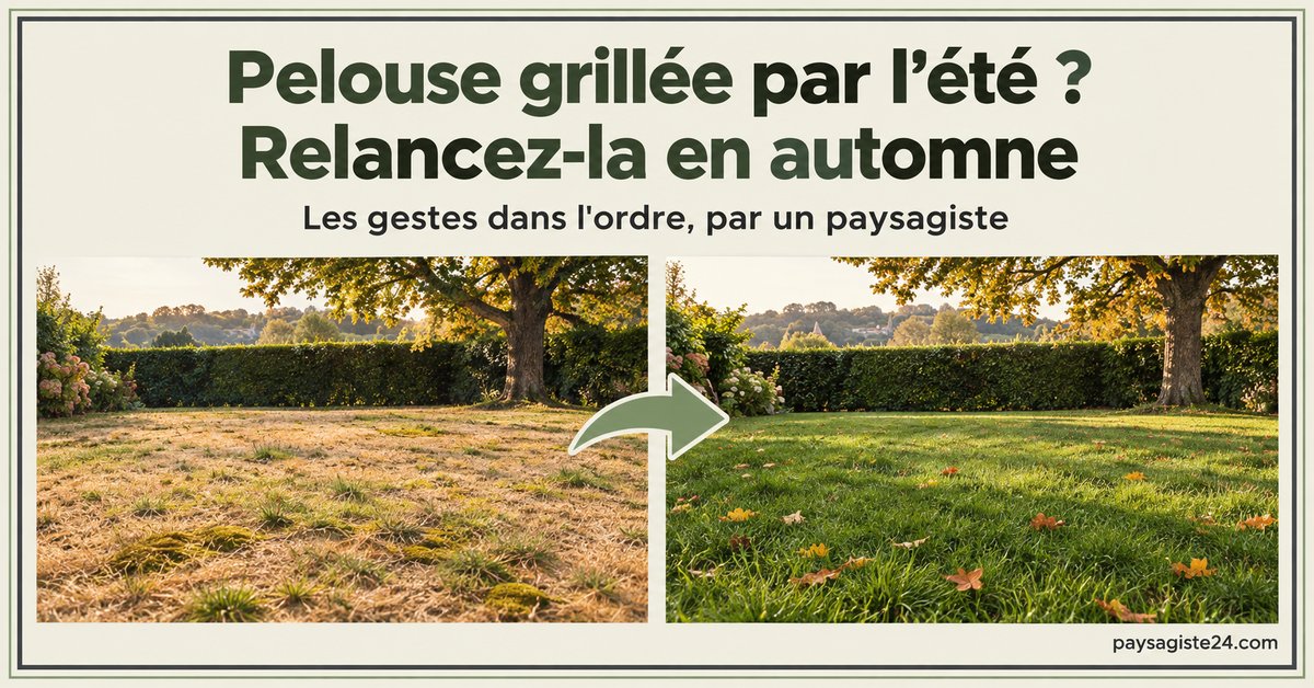 Avant et après : une pelouse jaunie et clairsemée par la sécheresse, puis la même pelouse reverdie et dense en automne