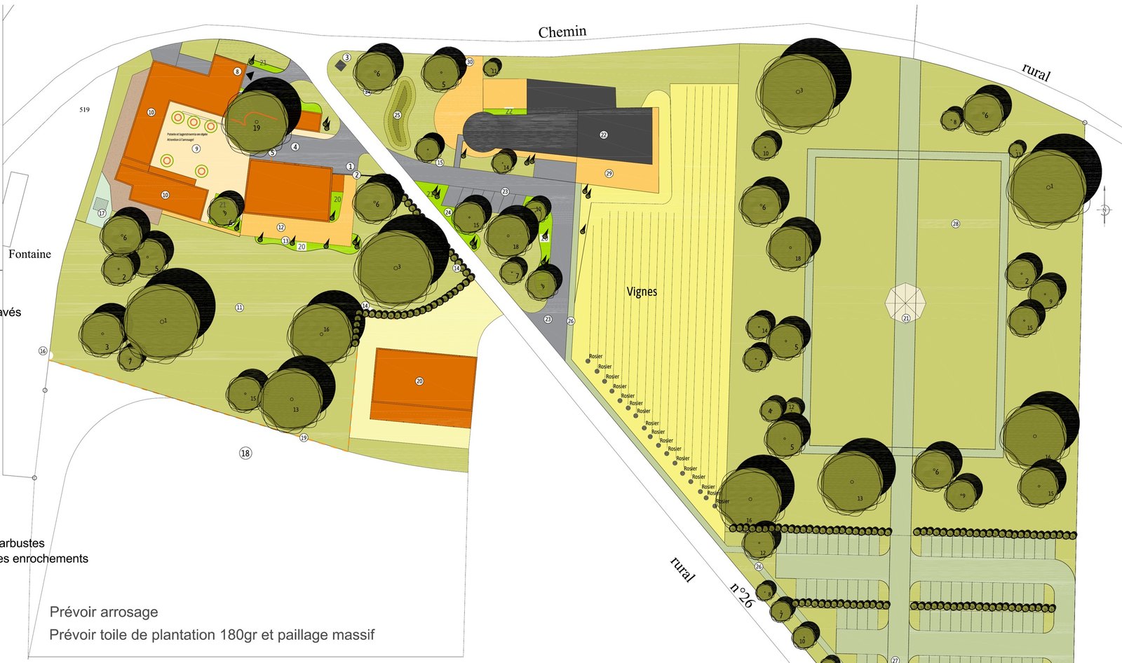 Plan masse du projet paysager Le Petit Cluzeau en Dordogne : bâtiments, vignes, parking, massifs et arbres